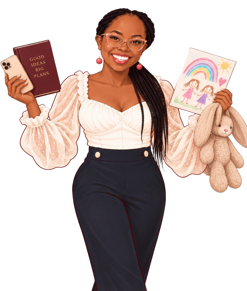Illustration of Ekaete smiling in a white bustier with sheer polka-dot sleeves, holding a phone, a notebook and a child's drawing
